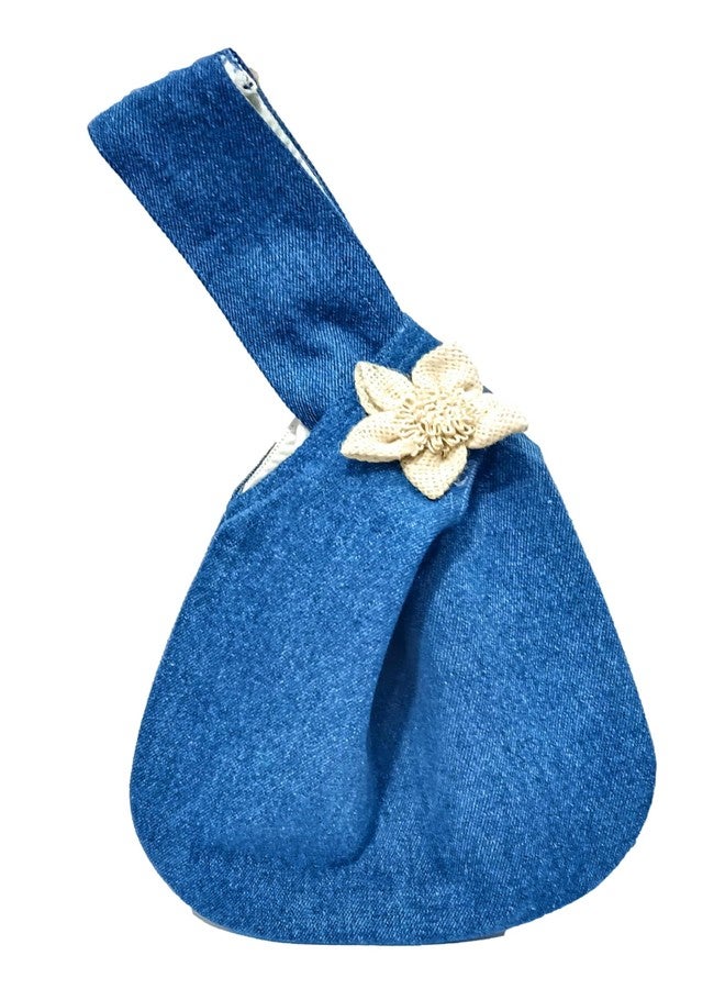 athizay Handbags for Women Japanese knotted style Handcrafted White Jute Flower Made By Indian artisans potli bags available in Denim and Jute (Blue,White) - Image 1